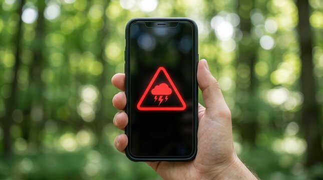 Smartphone screen showing a warning for thunderstorms and adverse weather conditions.