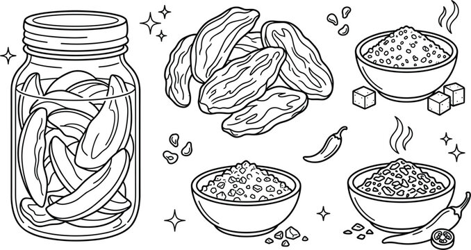 Mango Pickle and Chutney Vector Icon Set with Glass Jar Slices Chili and Spices for Asian Food Concepts