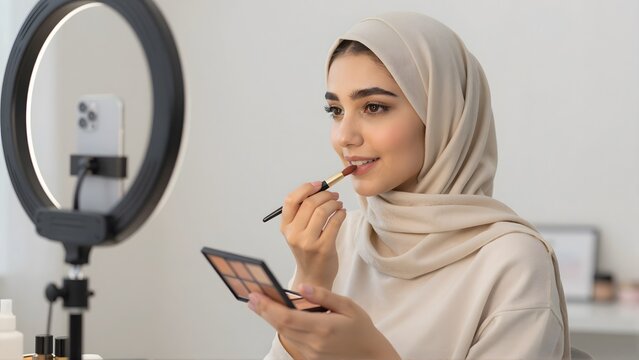 Muslim woman recording makeup tutorial video using smartphone and ring light
