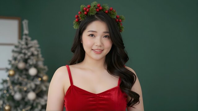 Beautiful Asian woman celebrating Christmas wearing festive wreath and red dress