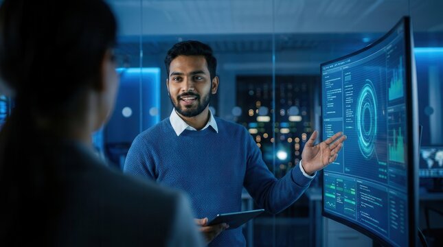 Indian male software engineer presenting a machine learning model to a colleague during a team discussion.