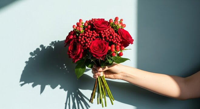 Hand Holding a Bouquet of Dark Red Roses And Hypericum Berries on Light Blue Background