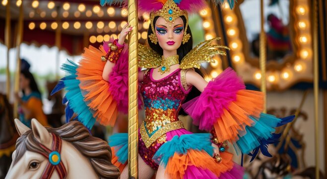 Carnival Doll in Colorful Costume on Carousel