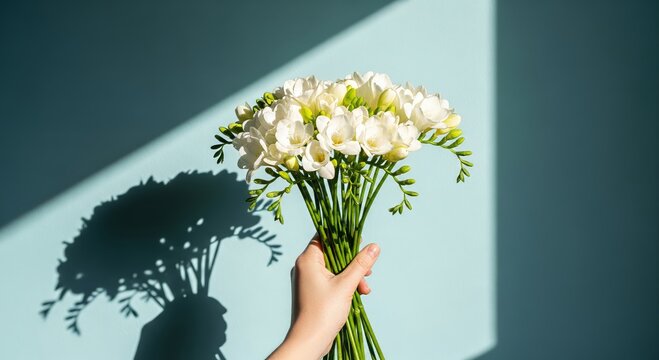 Hand Holding a Bouquet of White Freesias on Light Blue Background