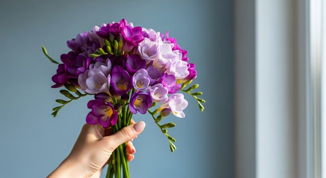 Hand Holding a Bouquet of Purple Freesias on Light Blue Background