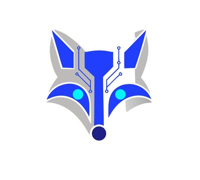 Modern tech fox head logo with circuit lines on white background, blue cyber fox face vector illustration for technology company