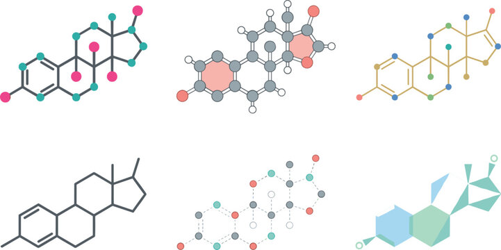 Chemical Structure and Molecular Formulas Vector Icon Set Featuring Testosterone Estrogen Progesterone Steroid Hormone Skeleton Models and Low Poly Abstract Bonds for Science Designs