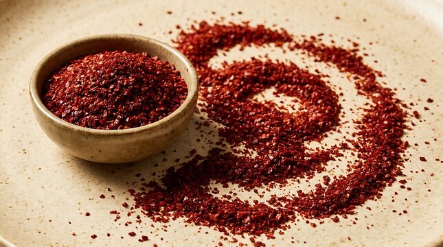 Small bowl with colorful spices and powder arranged in a spiral pattern on a light surface. Korean chili powder