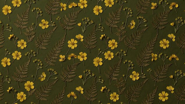 Moody organic seamless pattern featuring tiny pressed yellow meadow flowers and dried fern leaves