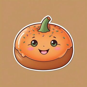 A cute chubby donut decorated like a pumpkin, orange glaze, tiny green stem, adorable happy face, subtle Halloween sprinkles, cozy early Halloween bakery aesthetic, kawaii food sticker