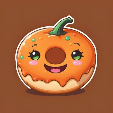 A cute chubby donut decorated like a pumpkin, orange glaze, tiny green stem, adorable happy face, subtle Halloween sprinkles, cozy early Halloween bakery aesthetic, kawaii food sticker