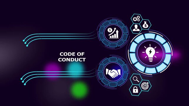 Code of conduct corporate compliance concept featuring animated digital interface with business ethics financial growth, partnership handshake, and innovative idea lightbulb