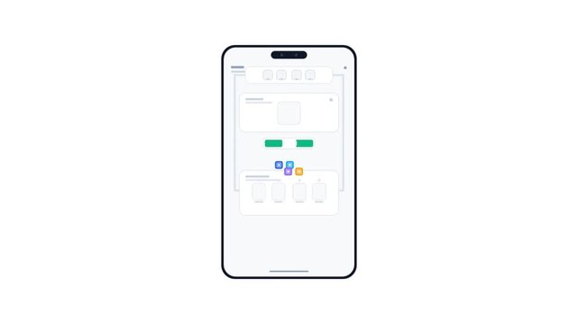 Mobile App UI Wireframe Mockup with Icon Selection Animation on Smartphone Screen