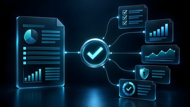 Digital workflow and data analysis concept with glowing checkmark and connected interface elements showing charts graphs and security shield