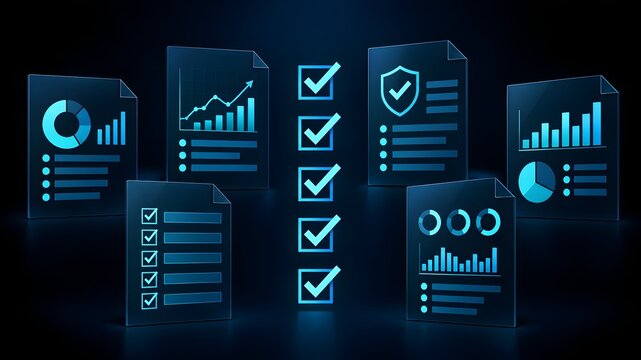 Digital documents with charts graphs and checklists displayed on a dark background representing data analysis and task management concepts