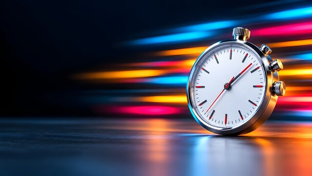 Close up of a stopwatch with a white face and chrome casing against a dark background with blurred colorful light streaks symbolizing speed and time.