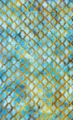 Abstract Mermaid Fish Scales Background with Textured Blue and Metallic Gold Paint Strokes © Boutique canvas