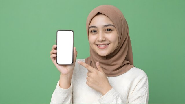 Smiling Muslim Woman Showing Blank Smartphone Screen With Copy Space