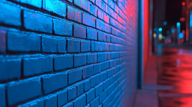 Moody Blue and Red Neon Light on Urban Brick Wall at Night
