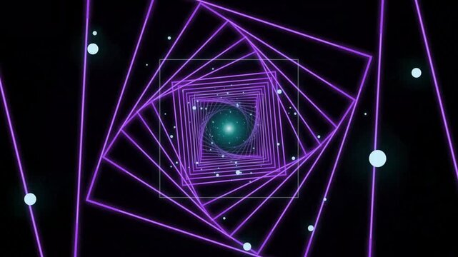 Neon purple geometric tunnel background, abstract square spiral motion graphics, futuristic glowing portal with floating particles and light effects