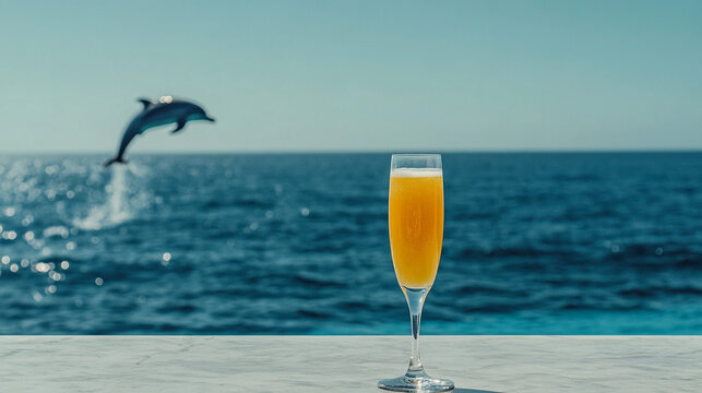 Mimosa Cocktail by the Ocean with Dolphin Jumping in Background