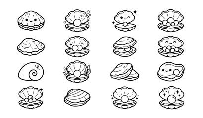 Fototapeta premium Cute Oyster and Pearl Black White Vector Icon Collection
