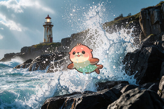 A chibi sea-lion is happily playing as the crashing waves send mist and spray through the air