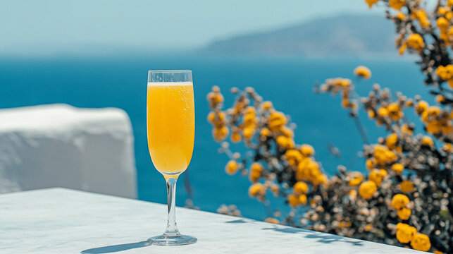 Mimosa Cocktail Overlooking Blue Sea on Sunny Mediterranean Terrace
