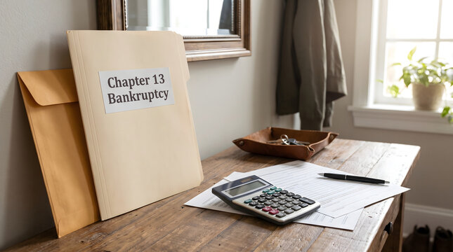 A man preparing financial documents and forms to file for chapter 13 bankruptcy at a wooden office desk