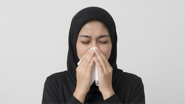 Muslim woman in hijab blowing nose with tissue paper sick