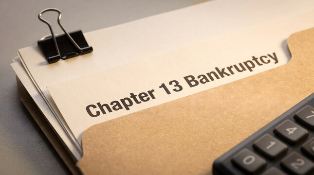 A legal document showing chapter 13 bankruptcy debt relief options, financial calculation paperwork and binder clip.
