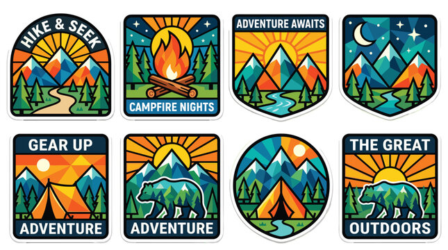 Outdoor adventure camping patches set with mountain landscapes.