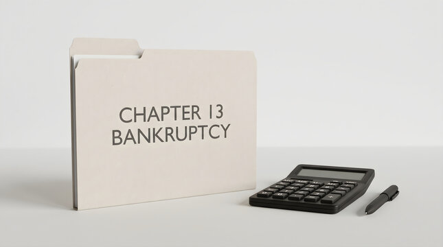 A manila folder labeled chapter 13 bankruptcy with a calculator and a pen placed on a clean white desk surface