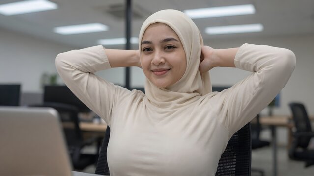 Confident Muslim business woman relaxing at modern office desk