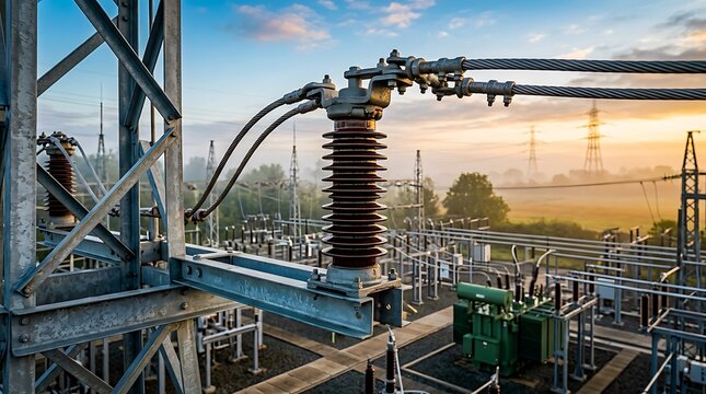 Industrial electrical substation featuring ceramic insulator and high voltage lines at sunrise