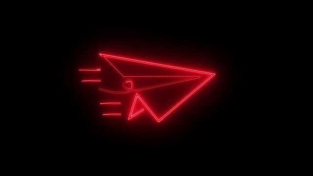 Animated neon line art paper airplane icon on transparent background 