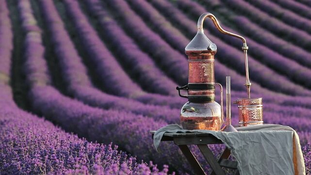 Distillation of lavender essential oil and hydrolate. Copper alambik for the flowering field.