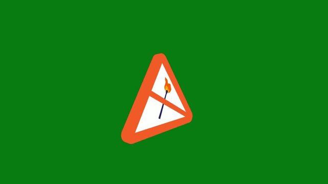 Animated warning sign depicting no open flames or matches prohibited icon in an orange triangular frame on a solid green screen background for fire safety awareness and prevention concepts.