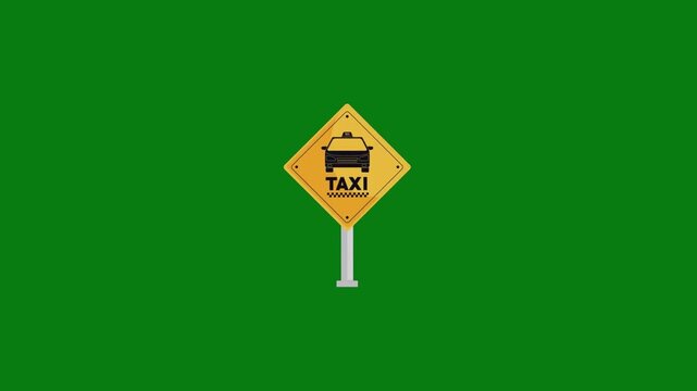 2D animated taxi stand road sign isolated on a green screen background. Yellow diamond-shaped warning symbol with black sedan icon and taxi text for urban transportation and travel projects.
