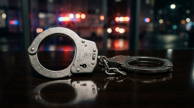 Metal Handcuffs on Dark Table with City Lights Bokeh Background