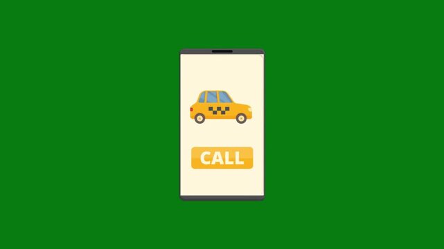 Animated flat vector illustration of an online taxi booking app on a smartphone screen featuring a yellow cab icon and a call button against a green background for easy keying and editing