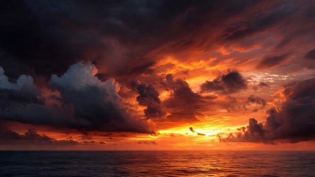 Stunning sunset sky filled with dark dramatic clouds and fiery orange light bursting through horizon over tranquil sea surface for artistic high resolution digital art wallpaper 4k image.