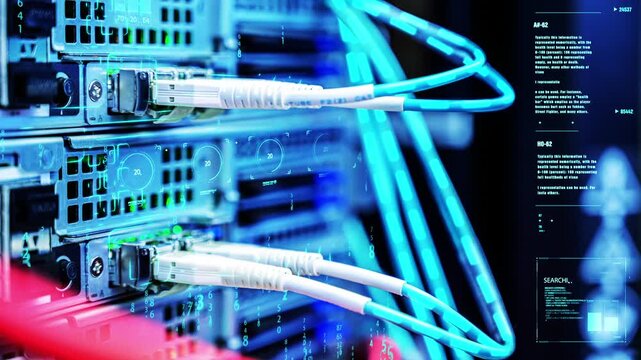 Close-up of stacked network switches with white fiber-optic cables plugged in, overlaid with glowing blue data streams, performance meters, and floating binary code in a high-tech server environment.