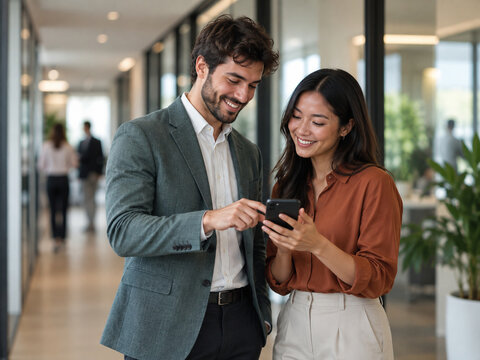 Two coworkers smile while reviewing information on a smartphone in a modern office corridor, capturing mobile teamwork, quick decision making, digital communication, and collaboration.