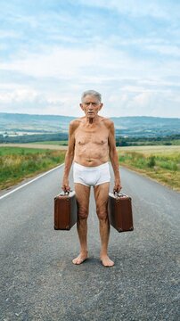 &Auml;lterer Mann in wei&szlig;er Unterw&auml;sche steht barfu&szlig; mit zwei Vintage-Koffern auf einer Landstra&szlig;e.