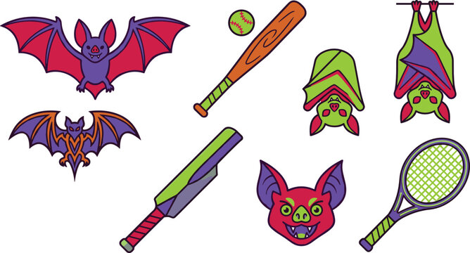 Funny neon pun vector design element set featuring spooky flying vampire bats mixed with sports bats and tennis racket illustrations