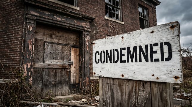 Condemned sign in front of old abandoned brick building exterior