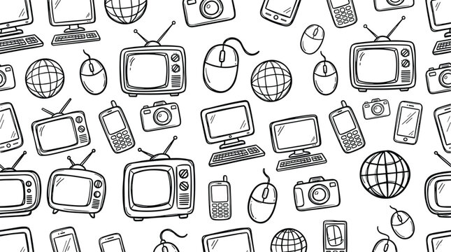 Retro and modern electronics doodle pattern illustration.