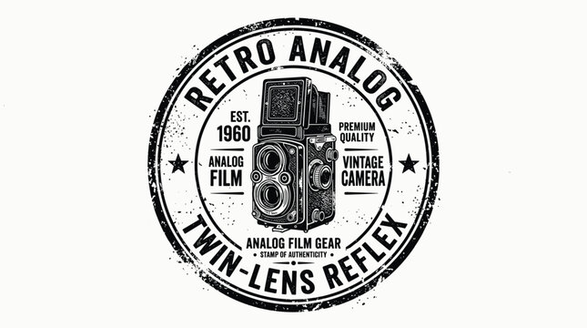 Retro analog twin lens reflex camera round logo design.