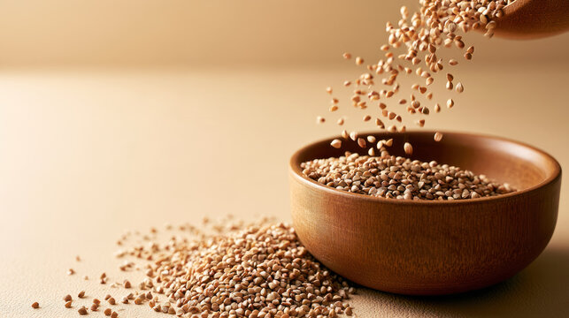 Buckwheat groats pouring into a wooden bowl on a warm beige background with copy space